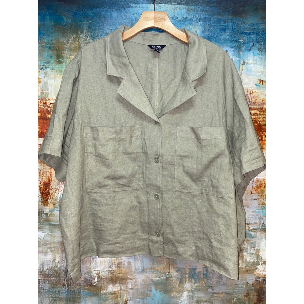 Buffalo David Bitton Womens XXL Sage Green Linen Blend Button Down Utility Shirt